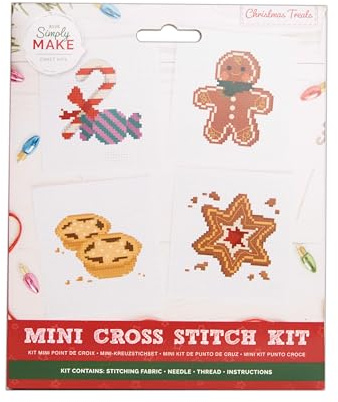 Simply MAKE Cross Stitch Kit, Christmas Treats 4 Pack, Hoop Embroidery, Thread, Fabric & Needle, Perfect for Beginners, Starter Cross Stitch Craft Kit, Great Gift, Craft Hobbyists, Festive Home Décor