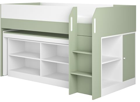 Flair Furnishings - Kids Mid Sleeper Bed with Storage, Cabin Bed with Desk, Heavy Duty with Sturdy Staircase, Integrated Shelves, Sleek and Stylish (White & Green)