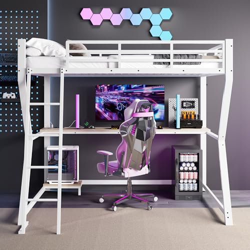 Merax Hochbett 90×200 Weiß mit LED-Beleuchtung & USB – Gaming Metallbett mit Schreibtisch, Treppe & Geländer, platzsparendes Jugendbett für Gamer, Schüler & Studenten im Jugendzimmer
