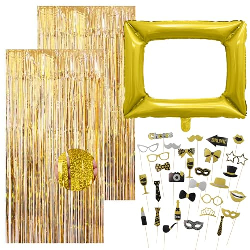 33 Stück Party Fotoautomat Requisiten Set, Fotobox Accessoires, Gold | 30x Foto Booth Props, 2x Lametta Vorhang, 1x Aufblasbarer Fotorahmen 98x83cm, für Hochzeit Party Deko Geburtstag JGA