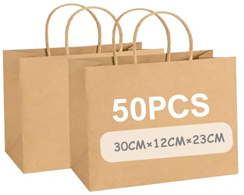 Gaoyong 50 Stück Braun Papiertüten mit Henkel 30x12x23cm Geschenktüten