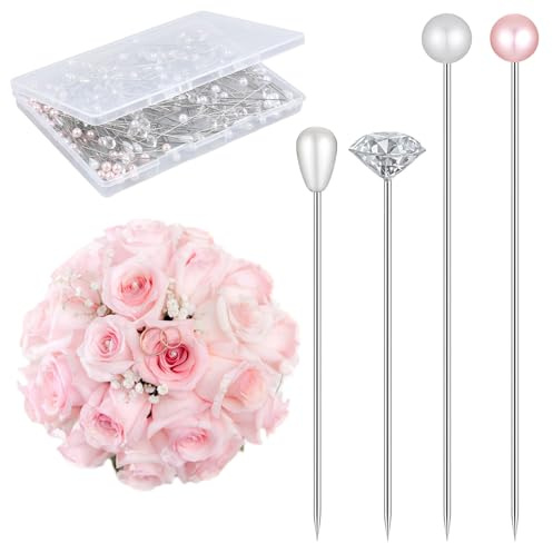 Larrel 200 stycken stiftnålar med pärlhuvud, tårdropp pärlnålar dekorationenålar med diamant blombukettsnålar kristall korsettnålar för skrädderi, smycken, blomdekoration, brudsmycken, DIY