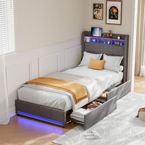 BPKADHY Polsterbett 90×200 cm,LED Einzelbett mit 2 Schubladen und Lattenrost,Kopfteil mit stauraum und USB,Bett Funktionsbett Stauraumbetten Jugendbett Rückenlehne Bettgestell,Leinen,Grau