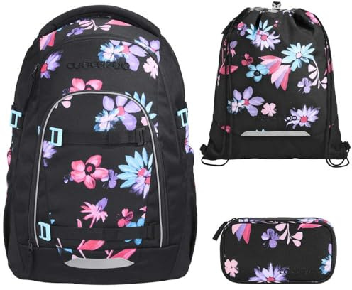 coocazoo MATE Schulranzen-Set 3tlg für Mädchen und Jungen ab der 4. Klasse mit Rucksack. Schlamperetui und Sportbeutel (Floral Artnight V2)