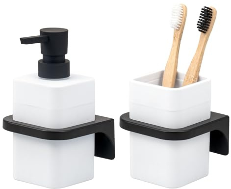 bremermann Badezimmer-Set Savona mit Soft-Touch Oberfläche inkl. Wandhalterung, eckiges Bad-Accessoires Set 2tlg. bestehend aus 1x Seifenspender und 1x Becher aus Kunststoff (Weiß)