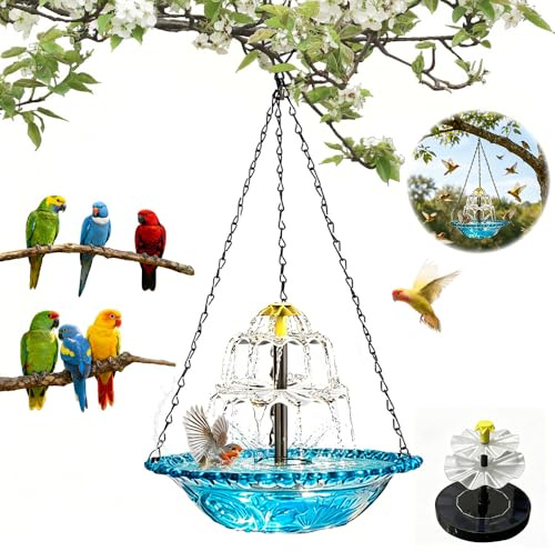 Vogeltränke mit Solarbrunne, SGZIOO Vogeltränke Hängend Solarbrunnen für Draussen, Wassertränke für Vögel, Vogelbad mit Metallketten zum Aufhängen für Garten, Hof und Terrasse