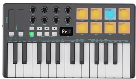 Jeffergarden 25-Tasten-MIDI-Keyboard-Controller, Anschlagdynamische Tasten mit Bluetooth, Drum-Pads und Arpeggiator für Musikproduktion, Aufnahme und Anfänger (BLACK)