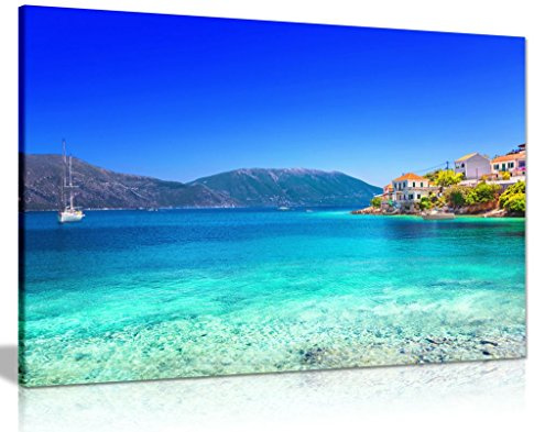 Beach Canvas Wall Art Framed for Living Room, Blue Coastal Seaside 36x24 | Panther Print Kefalonia Greece Landscape, Bedroom Bathroom Pictures, Ready to Hang on Pine Frame, Vivid Colours, Sea Nature