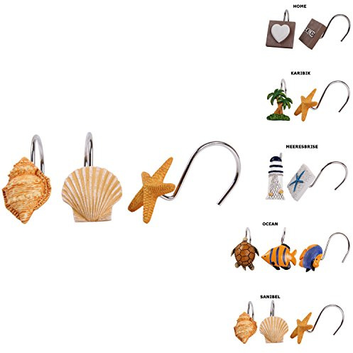 Sanilo 12 x Duschvorhangringe mit stabilen Duschvorhanghaken aus Edelstahl, 5 Sets mit Motiven zur Auswahl (Sanibel)