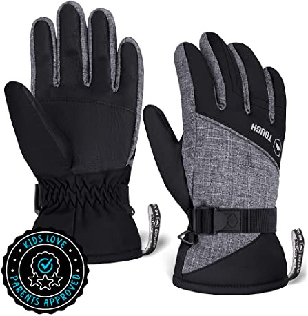 Tough Outdoors Guanti invernali per bambini - Guanti da neve impermeabili per ragazzi e ragazze - Isolati per giochi all'aperto, snowboard - Con guscio termico antivento e palmo in pelle sintetica