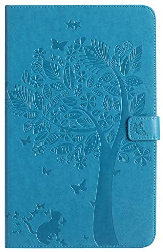 SATURCASE Cat Tree Embossing PU Leather Flip Magnet Wallet Stand Card Slots Protective Case Cover for Samsung Galaxy Tab A 10.1 (2016) SM-T580 T585 (Blue)