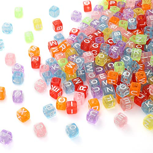 DAHI buchstabenperlen ca.1000 Stück acryl perlen bastelnperlen 6x6mm Buchstaben A-Z würfelperlen für Armband, Choker, Schmuck oder andere Handwerk (bunt transparent buchstaben/6x6mm)