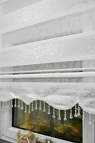 kskeskin Duo Rollo 220 cm x 200 cm weiß silberranken Doppelrollo mit Alukassette Rankenmuster in verschieden Breiten breiter Beschwerung mit Perlen Volant (weiß silberranken, 220 cm x 200 cm)