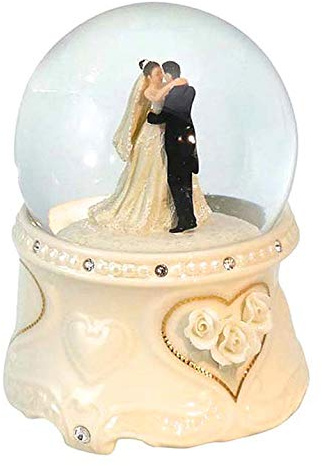 Animierte Musik-Schneekugel aus Glas und Porzellan mit Spieluhr/Spieldose/Musikdose/Musikbox, Brautpaar, Glitzer und 18-Ton-Federspielwerk - Hochzeitsmarsch