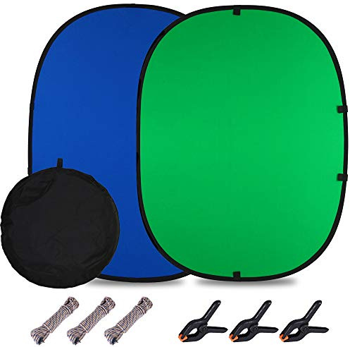 CIPAZEE Fotohintergrund mit grünem Bildschirm – 1,5 x 1,8 m Chromakey zusammenklappbarer Fotohintergrund 2-in-1 grüner und blauer Bildschirm für Videokonferenzen, tragbare Fotoshootings