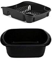 Plastic Large Washing up Bowl and Dish Drainer Rack Kitchen Plate Holder Set of 2 (Black)