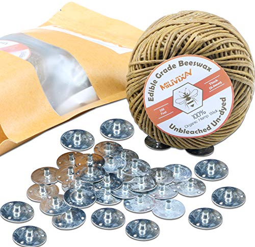 MILIVIXAY - Stoppino per candela in canapa 100% organica con rivestimento in cera d'api naturale, bobina da 61 m, spessore (2,0 mm) + linguette per stoppino (200 pezzi).
