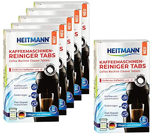 HEITMANN Kaffeemaschinen-Reiniger-Tabs - 10 Stück - Für Kaffeevollautomaten, Siebträger sowie für Pad- und Kapselmaschinen, 6er Pack