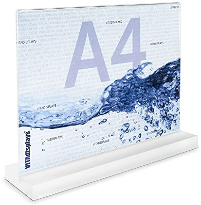 VITAdisplays 2 Stück DIN A4 Werbeaufsteller im Querformat mit massiver, satinierter PLEXIGLAS Basis, T-Ständer, T-Aufsteller als Tischaufsteller