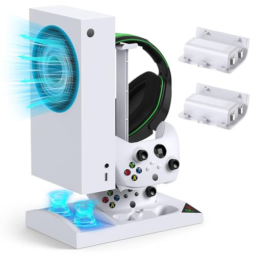 Support de Chargeur avec Ventilateur de Refroidissement pour Xbox Series S Console & Manette,Station d'accueil Verticale avec 2 x 1400mAh Batterie Rechargeable & Couvercle (Blanc)