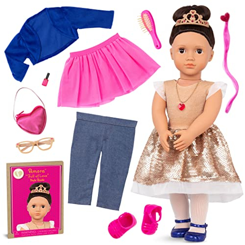Our Generation Puppe Amora mit 3 Outfits – Bewegliche 46 cm Puppe mit Puppenkleidung, Kamm, Zubehör und Langen braunen Haaren zum Frisieren – Spielzeug ab 3 Jahren (19 Teile)