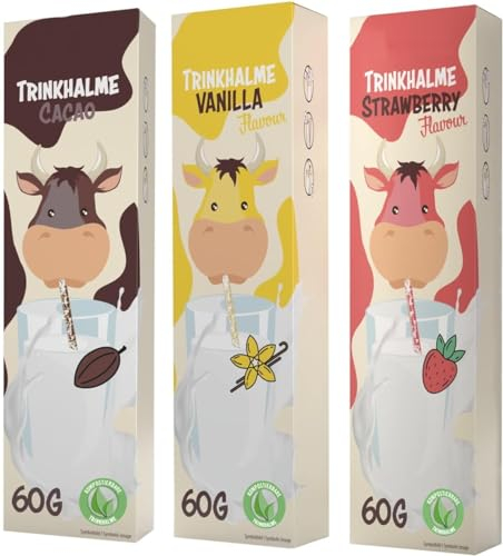 Lot de 3 pailles magiques aromatisées pour boire du lait – 1 chocolat 60 g, 1 vanille 60 g et 1 fraise 60 g.