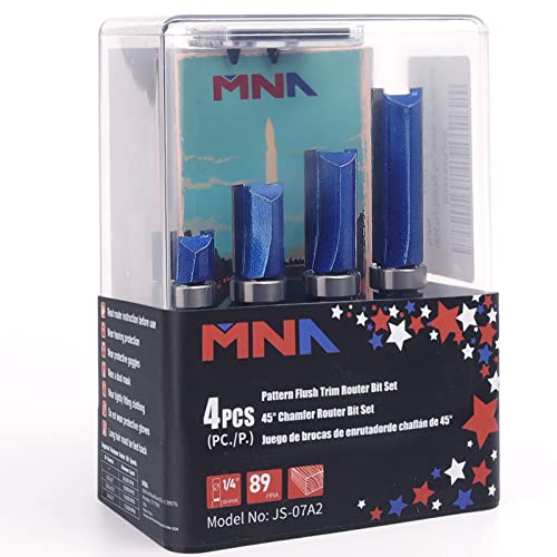MNA Top Bearing Flush Trimer Bit 4-teiliges Set, Muster Flush Trim Router Bit Set, 1/4 Zoll Schaft Schnitthöhe in 25/64 Zoll, 1 1/2 Zoll Ideal für Kanten, Furnier oder Laminat (Lager senden)
