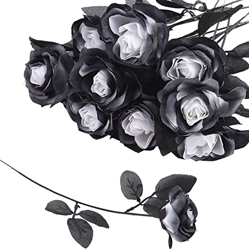 Teahutty 10 Stück Schwarze weiße Rose künstliche Blumen mit einem Stiel künstliche Seidenblumen, künstliche Rosen, Brautschmuck, Hochzeitsstrauß, künstliche Rosenstrauß für Hochzeit, Party, Büro