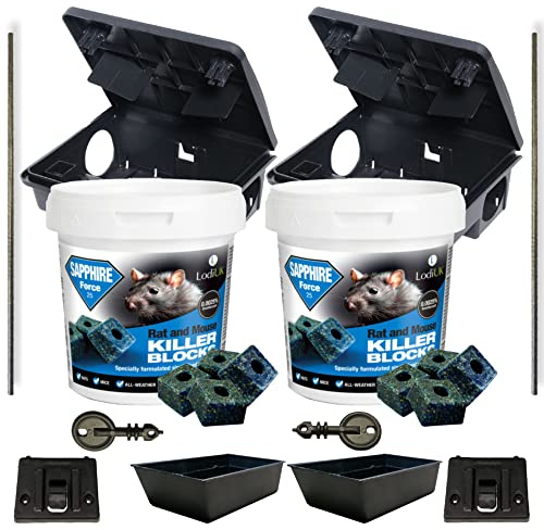 Rat Bait Stations with 600g Rat & Mouse Poison Blocks Kit | 2 tamper-resistant bait stations with 2 x 300g Brodifacoum 0.0025% poison bait tubs containing approx. 26–30 blocks total