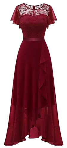 Berylove Langes Abendkleid Damen Kleid Kurzarm Vorne Kurz Hinten Lang Chiffon Kurzarm Kleid Damen Festlich BLP7051 DarkRed XL