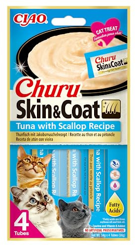 INABA Churu Skin & Coat Cremige Premium Katzenleckerlis mit Omega 3 & 6, Taurine und Vitamin E, Thunfisch & Jakobsmuschel 56 g (1er Pack)