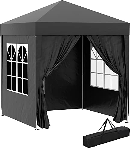 Outsunny Pavillon 2x2m Wasserdicht, Pop-up Faltpavillon mit 4 Seitenwänden, Abflusslöcher Fenster, faltbar Partyzelt UV 30+, Gartenzelt mit Tragetasche, Gartenpavillon für Terrasse, Schwarz