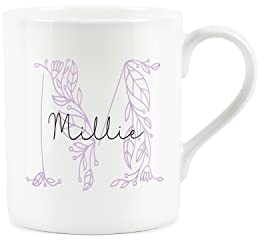 Personalised Bone China Mug - Floral Pink Letter M - Small Coffee Tea Mug Gift Present