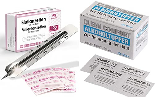 100x Lanzetten 100x Alkoholtupfer, Stechhilfe Einweglanzette, sterile Kosmetex Blutlanzette für Milien (je 100)