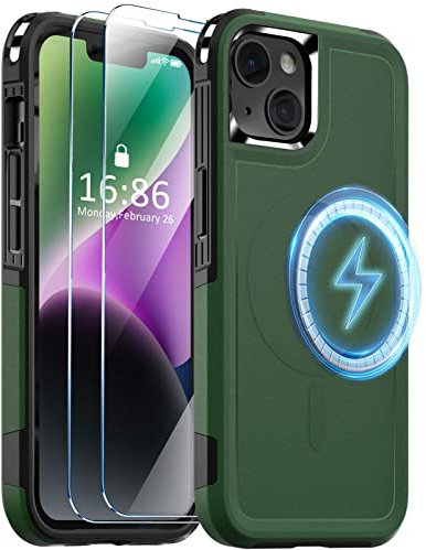 YEQOO Starke magnetische Schutzhülle für iPhone 14/iPhone 13 [kompatibel mit MagSafe] [3 m Fallschutz in Militärqualität] [2 Stück Glas-Displayschutzfolie] rutschfeste Abdeckung für iPhone 13 & 14 –