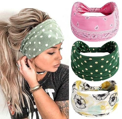 scicent Haarband Damen Boho Stirnband Breite Stirnbänder Schwarze Blume Haarbänder Elastische Kopftuch Knoten Yoga Kopfwickel für Frauen und Mädchen (3 Stück), 14213