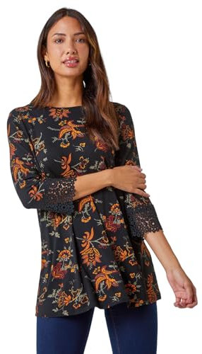 Roman Originals Floral Soft Stretch Jersey Top for Women UK - Ladies Everyday Autumn Winter Round Neckline Comfy Soft Evening Vacation Work Party Night Out - Ochre - Size 18