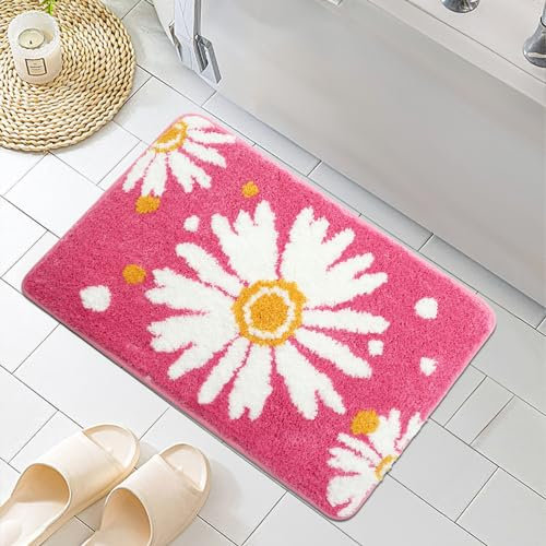 Ubaywey Kleine Daisy Badezimmerteppich Niedliche Gänseblümchen Badematte rutschfest Waschbar Badteppich Blume Badvorleger Weiche Mikrofaser Badezimmer Teppich
