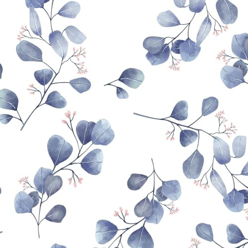 VOLEAAR Floral Peel and Stick Wallpaper,Boho Contact Paper,Leaf Wallpaper,Peel Stick Countertop,Stick on Cabinet,Blue Wall Paper,Botanical Paper,Removable Wallpaper 44.5CM x 300CM