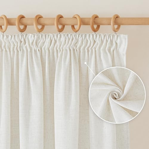 PONY DANCE Leinenoptik Vorhänge Wohnzimmer Gardinen mit Kräuselband 2er Set H 160 x B 140 cm Leinenvorhänge Boho Vorhang Creme Halbtransparent Gardinen Landhausstil