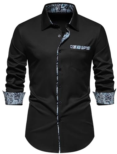Men's Inner Contrast Dress Shirt Paisley Business Casual Smart Formal Classic Long Sleeve Regular Fit Button Down Wedding Party Work Shirts with Pockets-A355-Black-XL