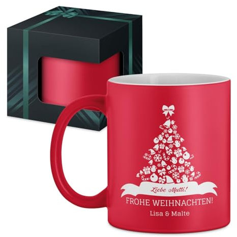 Maverton Keramikbecher 330ml mit Gravur - Kaffeetasse mit funktionellem Henkel - personalisierter Kaffeebecher für Frauen zum Geburtstag - Becher zu Weihnachten - matt rot/innen weiß - Tannenbaum
