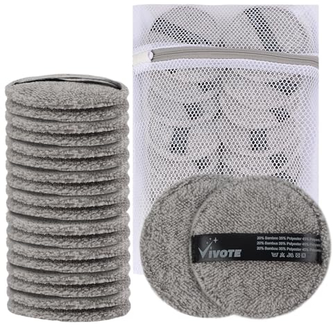 VIVOTE Almohadillas de algodón lavables de microfibra, 20 unidades, reutilizables, suaves, para limpieza facial y cuidado de la piel, con bolsa de lavandería (carbón de bambú)