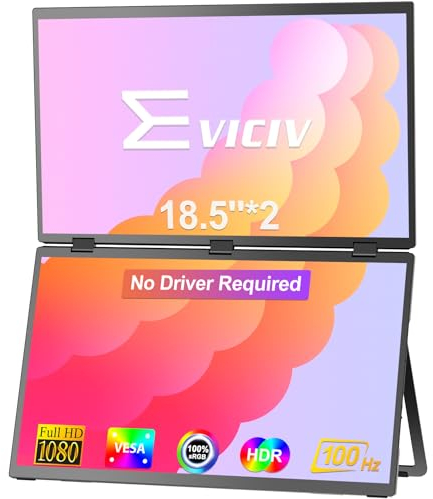 EVICIV Ecran Portable 18.5'' 100Hz Double Moniteur Portable Empilé Pliable Ecran, 1080P 100% sRGB ΔE<2 Étendre Triple écran avec Rotation Automatique à 180°, Compatibilité VESA(Aucun Pilote requis)
