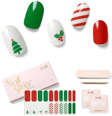 NAILOG Christmas Semi Cured Gel Strips (20 Extra Long Stickers), UV/Led Lamp Glossy & Long Lasting Soft Gel Finish Wrap, Festive Fir