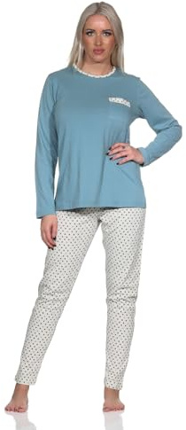 Normann Damen Langarm Schlafanzug Pyjama mit Pyjamahose in Tupfen Punkte Optik, Farbe:blau, Größe:40-42