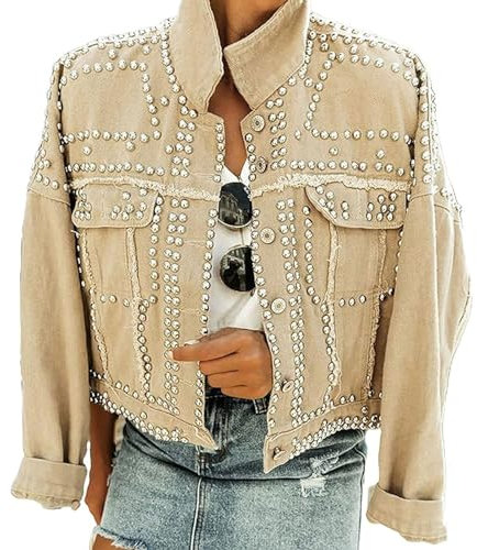 FYHTC Damen Modische Kurze Jeansjacke mit Revers, Langen Ärmeln Button Down Jeansjacke mit Nieten Mantel(Beige,Large)