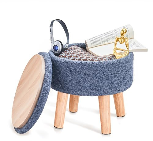 BRIAN & DANY Footstool with Storage, Small Storage Ottoman, Teddy Fleece Round Stool with Lid, Sherpa Foot Stool with Legs for Living Room Entryway, Blue