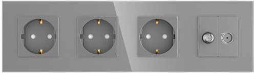 PULSAR Sat Kabel Dose Unterputz mit 3 Steckdosen 4-Fach Glas Grau, Steckdose x3 mit Kabel Anschlussdose und SAT UP Dose/Antennendose, TV SAT/Kabel/Steckdose x3 Kombination