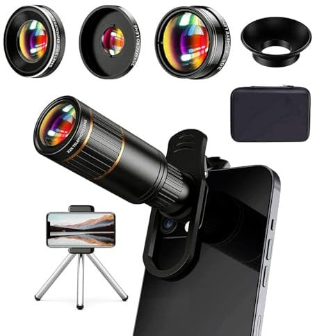 Updated Phone Camera Lens Kit 4-in-1, Come with 22X Telephoto Lens, 205° Fisheye Lens, 4K 0.67X Wide Angle Lens, 25X Macro Lens, Clip, and Phone Mini Tripod for iPhone and Android Phone Series